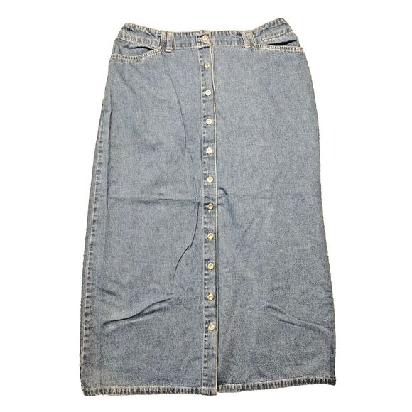 Newport Dresses & Skirts - Vintage Jean Skirt Womens Size 14 Blue Denim Maxi Modest 90s Homeschool Buttons